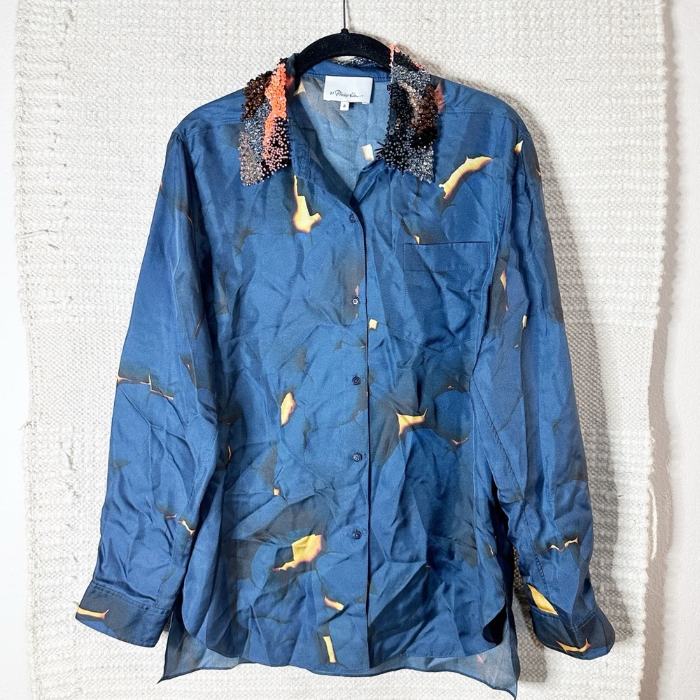 3.1 PHILLIP LIM blue printed beaded collar button up silk blouse top 6